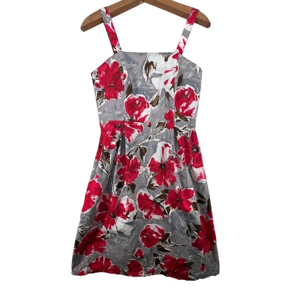 Vintage Karin Stevens Dress Sz 6 Retro PinUp Floral Artsy Smocked Gray/Red Lined - Picture 1 of 11